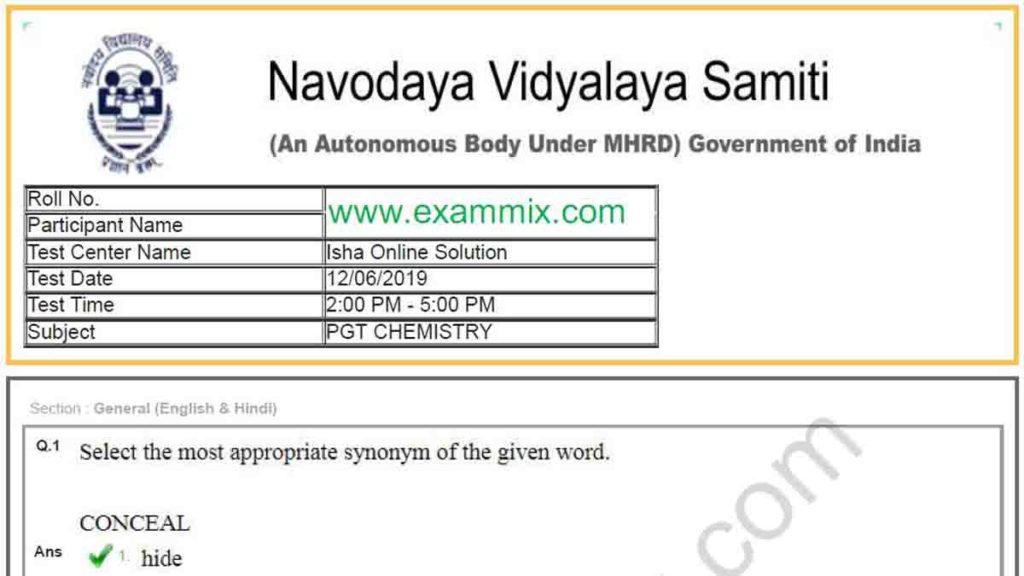 nvs pgt chemistry paper