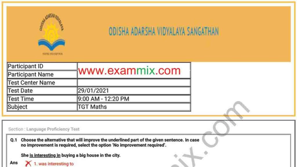 OAVS TGT Maths Paper 2021