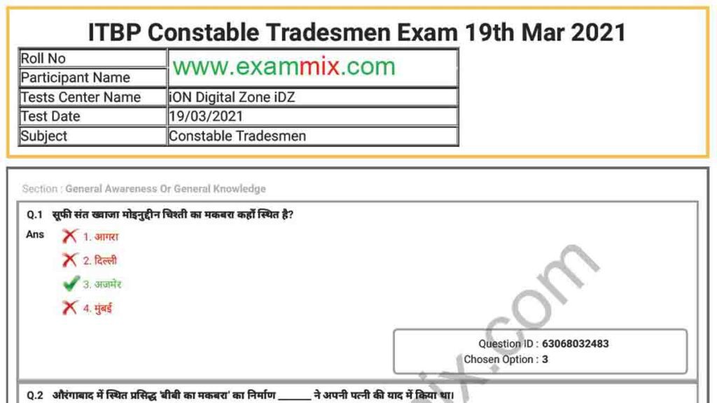 ITBP Constable Tradesman Question Paper 2021