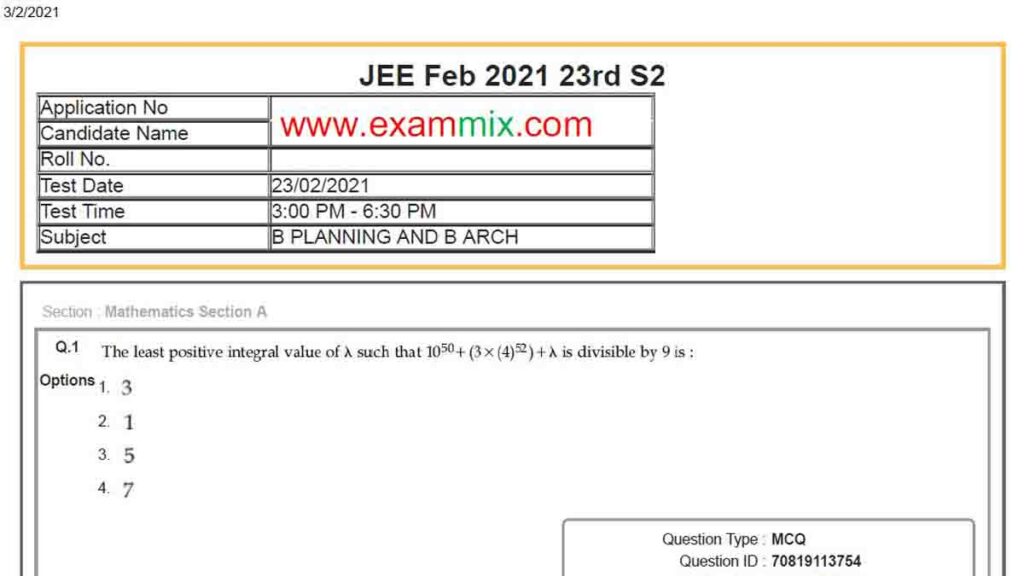 JEE Main Question Paper 2021