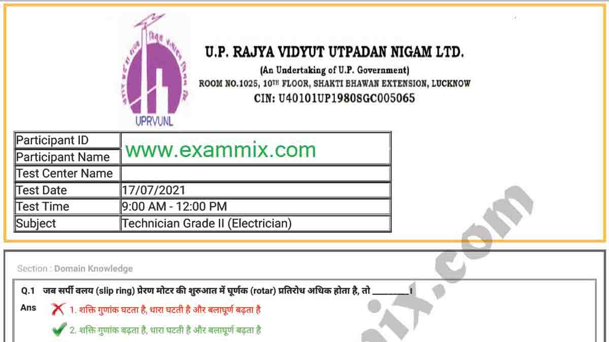 UPRVUNL Electrician Question Paper 2021