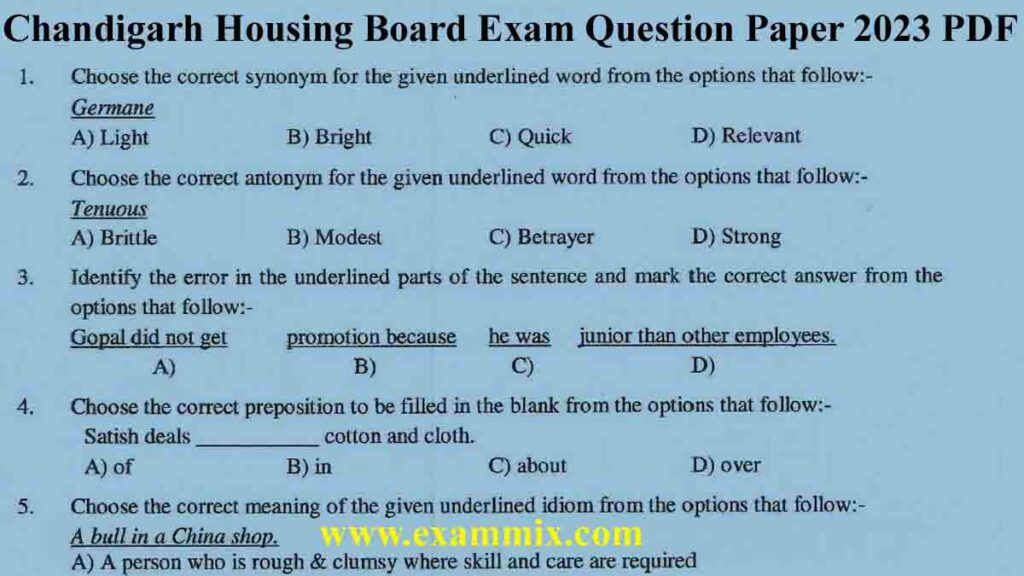 Chandigarh Housing Board Question Paper 2023