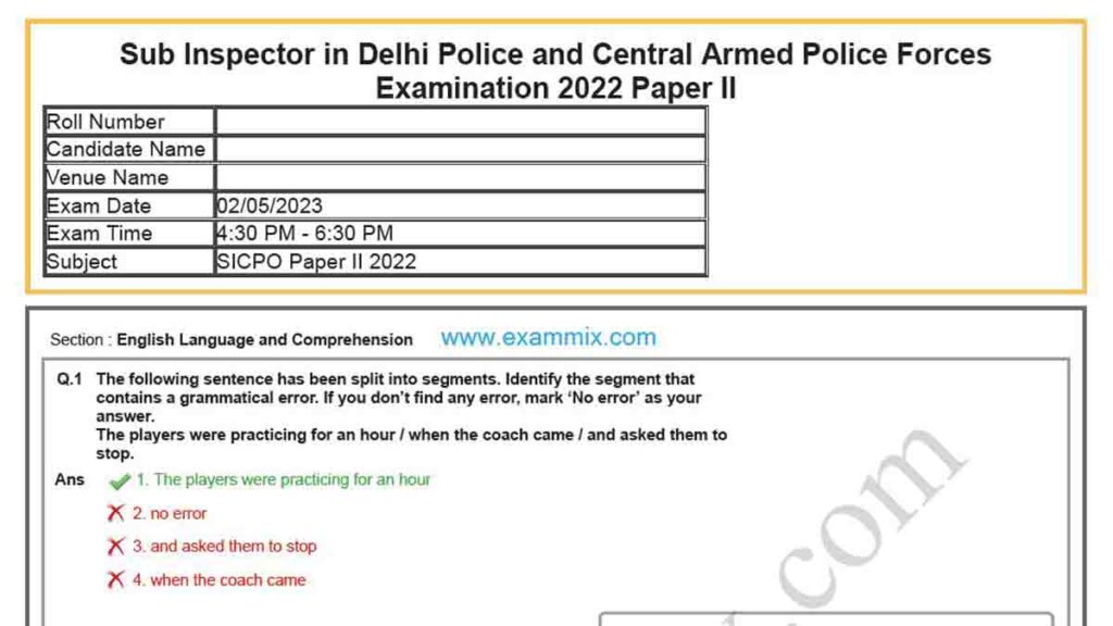 ssc cpo tier 2 question paper 2023