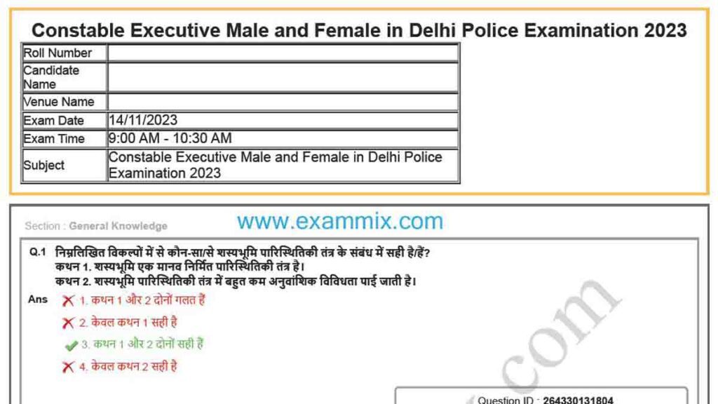 Delhi Police Constable Question Paper 2023